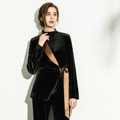 China 2022 Female Sustainable Velvet Jacket Embroidery Stitching Lace Up Waist Slimming High End Elegant Suit for sale