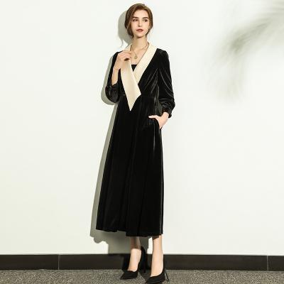 China 2022 new fashion v-neck dress plus high-end viable velvet long dress women's waist suit stitching skirt for sale