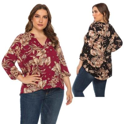 China Autumn New Fashion Women Breathable Long Sleeve Chiffon Shirt Printed Full Blouse Floral Design Loose Plus Size for sale