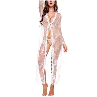 China Pure White Mesh Long Lace Transparent Nightgowns Robe Women Daily Life Wholesale Sexy Long Lace Nightgown See Through Long Kimono Robe for sale