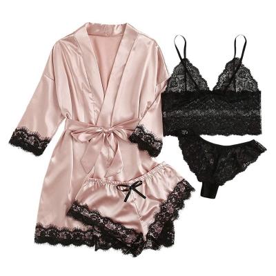 China Wholesale Daily Life Women's Satin Pajamas Set 4pcs Lace Floral Trim Cami Lingerie Sleepwear With Long Robe Women Sexy Nightwear for sale