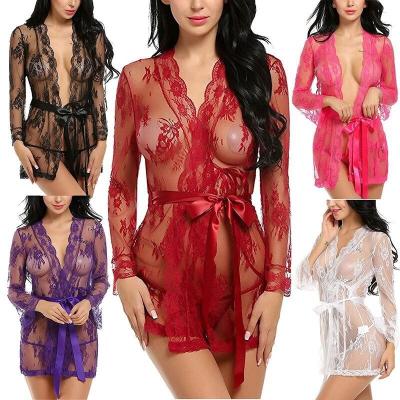 China Daily Life Women's Lace Nightgown Transparent Mesh Lace Babydoll Lingerie Robe Long Robe Kimono Robe with Belt and G-String for sale