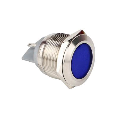 China OFF-ON Led Indicator Push Switch 25mm 2 Pin Flat Button Blue Light Metal Push Button Switch for sale