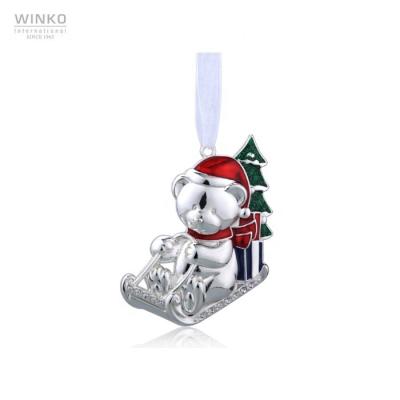 China Bear Sleigh New Wholesale Silver Christmas Ornament Zinc Alloy Bear Sleigh Christmas Metal Ornaments For Decoration for sale