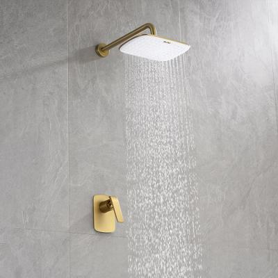 China Without Slide Bar 2021 New Design Swept Gold Wall Mounted Waterfall Concealed Rainfall Bathroom Faucet Shower Set for sale