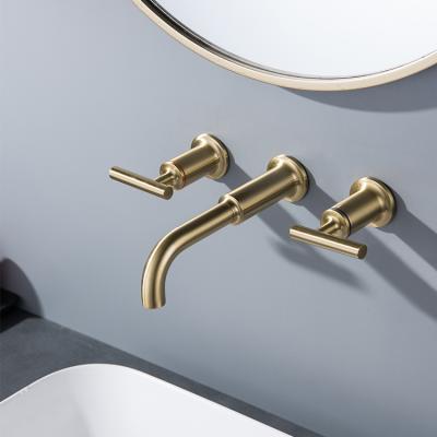 China Metered Faucets Brushed Gold Hot And Cold Water Dual Hole 3 Hole Widespread Faucet Basin Mixer Wall Mounted Bathroom Faucets for sale