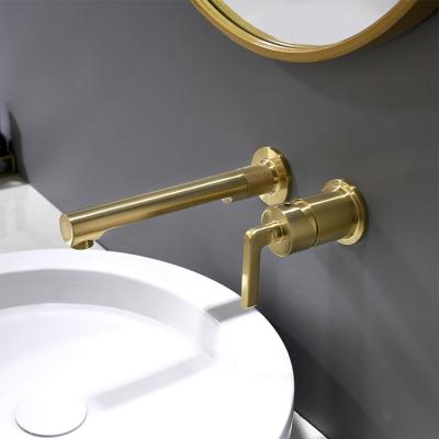 China Faucets China Factory Gold Single Hole Basin Mixer Tap Brass Metered Brushed Wall Mounted Bathroom Sink Faucet 2 Hole for sale