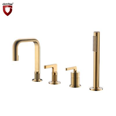 China Wholesale 4 Hole Handleless Sliding Bar Double Brushed Hand Held Bath Faucet Mixer Bathroom Shower Faucet Set Gold for sale