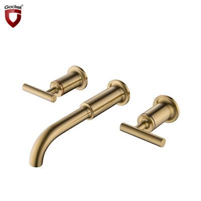 China Metered Faucets European Style Brushed Gold Wall Mount 3 Hole Double Handle Widespread Bathroom Basin Faucet for sale