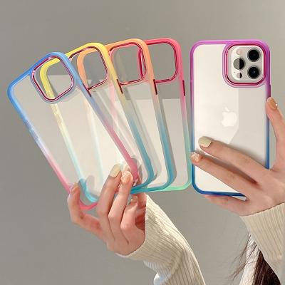 China Ins Style Shockproof Fashionable Two Color Gradient Glossy TPU Hard Acrylic Case Metal Mobile Phone View 11 12 13 14 Pro Max For IPHONE for sale