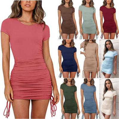 China Fashion Anti-Static Women's Dresses Anti-static Round Neck Sleeve Drawstring Hip Skirt Bodycon Short Casual Outfits for sale