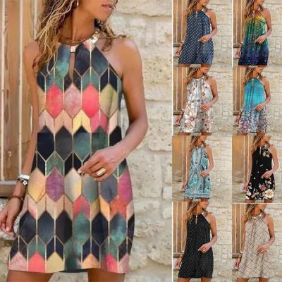 China Summer fashion new anti-static women dresses sexy metal halter print sleeveless casual outfits for sale