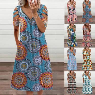 China Anti-Static Women's Fashion Summer Dresses Loose V-Neck Printed Zipper Sleeve Short Off-Shoulder Casual Dresses for sale