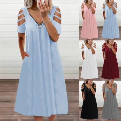 China Anti-Static Women's Fashion Summer Loose Dress Sexy V-Neck Zipper Solid Color Short Sleeves Casual Outfits for sale