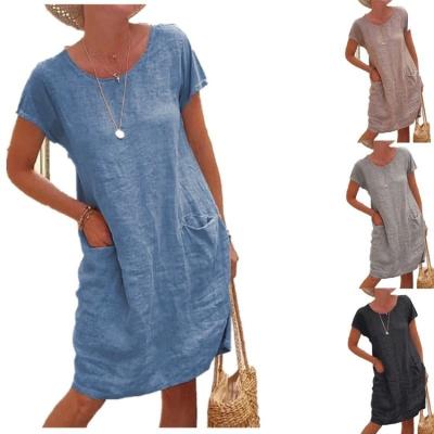 China Summer Anti-Static Women's Dresses Solid Color Loose Pocket Fashion Round Neck Cotton And Canvas Casual Dresses for sale