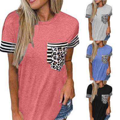 China Breathable T-shirts Striped Pocket Quilting Women's Leopard Print Tops Plus Size Ladies' Blouses for sale