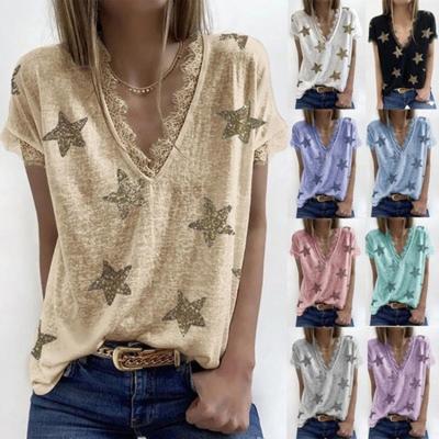 China Plus Size Breathable V-Neck Star Pentagon Print Lace Up Women's Tops Stitching Shirts Fashionable Sheaths Ladies' Blouses for sale