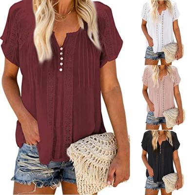 China Fashionable T-shirts V-Neck Lace Women's Breathable Tops Plus Size Women's Short Sleeves Ladies Blouses for sale