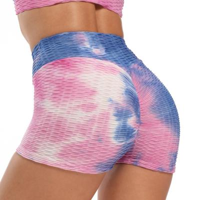 China Anti-Wrinkle Fashion Yoga Pants Tie Dye Bubble Shorts Running High Waist Booty Breathable Tight Shorts Fitness Sports Womens Shorts for sale