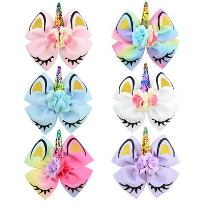 China Baby Hair Accessories Kids Girls Flip Sequins Gold Unicorn Horn Flower Bow Hairpin Alligator Hair Clips Grosgrain Ribbon Bows Barrettes for sale