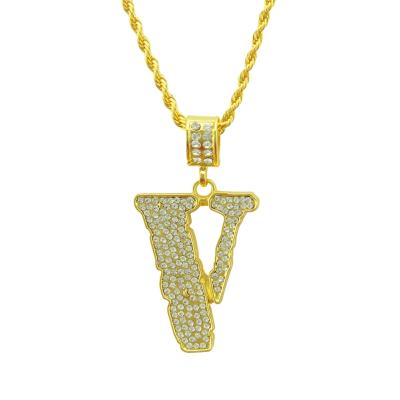 China New Environmental Friendly Hip Hop Diamond V Shape Necklace 18K Full Gold Jewelry Necklaces Fashion Pendant Necklace for sale