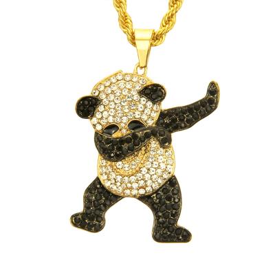 China Environmental Friendly Hip Hop Gold Plated Black Crystal Diamond Panda Pendant Necklace Silver Stone Chain Men's Necklace for sale