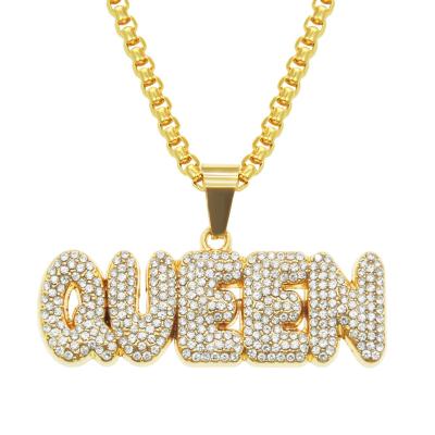 China New Hip Hop Diamond Gold Letter Pendant Necklace Men's Thick Cuban Link Necklace Cool QUEEN Street Environmental Friendly for sale