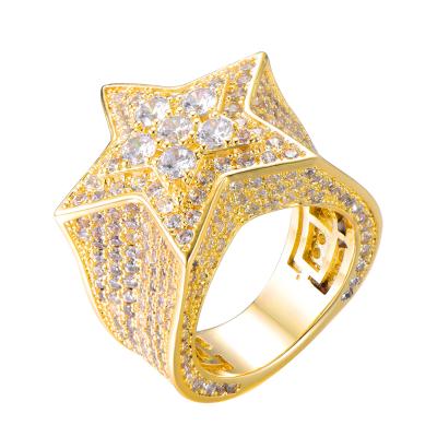 China New Environmental Friendly 14K Gold Plated Iced Out CZ Simulated Diamond Flooded 3D Star Ring Mens Punk Rappers Hip Hop Rings For Men for sale