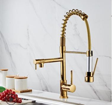 China Sense Faucets WENZHOU KITCHEN TAP SUPPLIER Feenice Gold Brass High Spring Knitted Kitchen Mixer Tap With Spray Head for sale