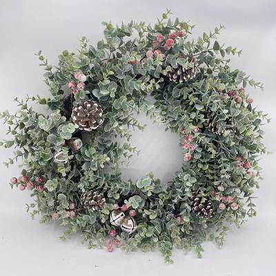 China Handmade Natural Rattan Christmas Wreath Artificial Christmas Wreath Bells Pine Cones Fruit Moss Front Door Indoor Outdoor Party Decoration for sale