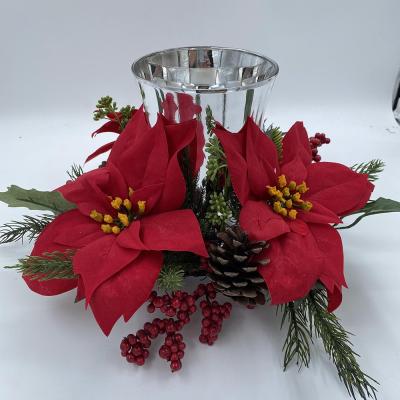 China Artificial Poinsettia Cones Pine Tree Stand Cylinder Candle Wreath Christmas Wreath Candlestick Flower Handmade Table Home Decoration for sale