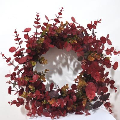 China Handmade Natural Rattan Crimson Leaves Front Door Indoor Outdoor Home Party Decor Artificial Eucalyptus Wreath for sale