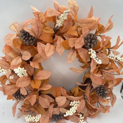 China Pinecones Autumn Wreaths Harvest Thanksgiving Farmhouse Berries Handmade Yellow Rustic Front Door Decor Artificial Fall Wreath for sale