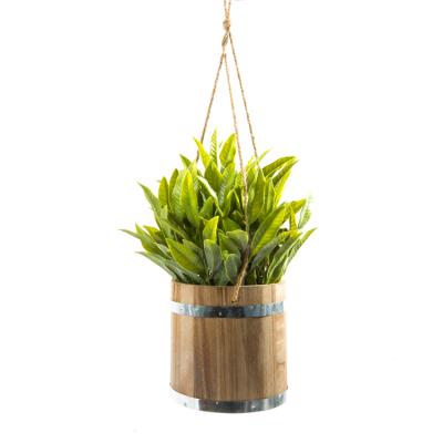 China Handmade Wooden Flowerpot Green Leaves Faux Plant Garden Wall Home Indoor Outdoor Decor Artificial Greenery Leaves Hanging Basket for sale