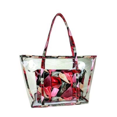 China 2020 New Fashion PVC 2 Bag Fashion Clear Plastics 1 Tote Bag Set For Ladies Flower Printing Handbag China Market for sale