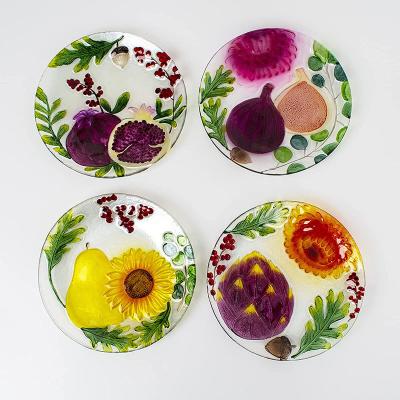 China Sustainable Colored and Painted Engraved Glass Dinner Pie Fruit Cake Dessert Plates Engra for sale