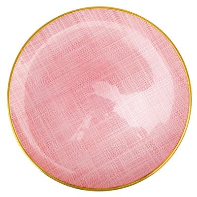 China Sustainable Glass Dish Wedding Decoration Dinner Plate Pink Glass Charger Plates with Gold Rim for sale