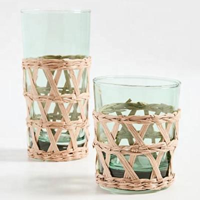 China Woven Wicker Woven Raffia Trim Glass Tumblers for sale