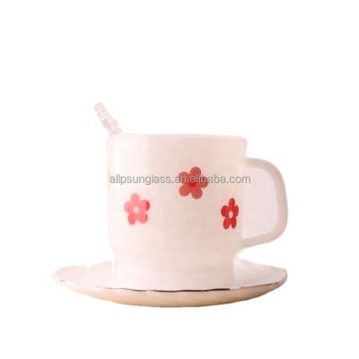 China Sustainable Heat Resistant Borosilicate Glass Cups Tea Coffee Mugs White Jade Glass Mugs with Saucers for sale