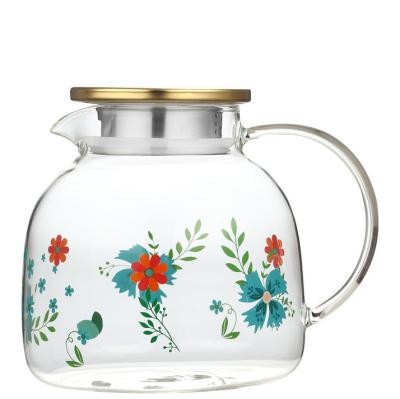 China Sustainable Clover Heat Resistant Borosilicate Glass Teapot Glass Drinking Water Pot Pitcher Jug with Brass Stainless Steel Lids for sale