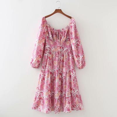 China 2022 Summer Polyester Floral Anti-static Floral Ladies High Waist Medium Sleeve Women's Breathable Dresses for sale