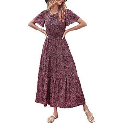 China Women Summer Ladies Anti-Static Floral Casual Elastic Waist Crew Neck Short Sleeve Dresses for sale