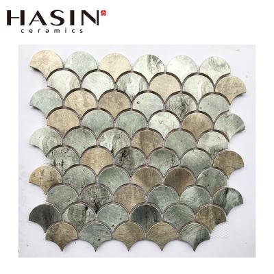 China Metallic Aluminum Parquet Backsplash Mosaic Tiles Fan-Shaped Fish Scale Mosaic for sale