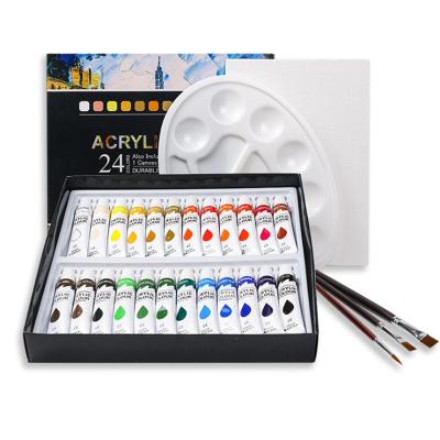 China Non-Toxic 24 Colors 12ml Acrylic Paint Palettes Brush Canvas Panel Set for sale