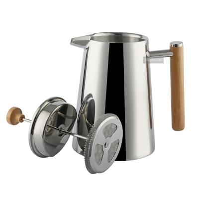 China Sustainable Luxury OEM Easy To Clean Double Wall Stainless Steel Coffee Press Tea Kettle Teapot Set With Bamboo Handle for sale