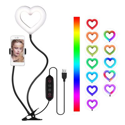 China PORTABLE RGB Ring Light 6 Inch Heart Shape Led Flashing Light with Phone Holder Photography Fill Lamps for Live Stream Make for sale