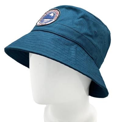 China Peacock Blue Barred Bucket Hat Shorts Brim 100% Cotton Logo Patched Pantone Custom Designer Sun Protection Hat for sale