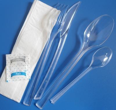 China Disposable 5 Pcs Heavy Duty Plastic Cutlery Set Sets Forks Knives Spoons Napkin for sale