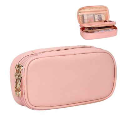 China ENGLAND STYLE Light Pink Portable Waterproof Cosmetic Bag Double Layer Makeup Storage Brush Holder Compact Organizer for sale