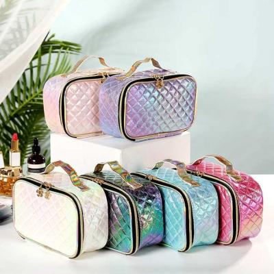 China New Fashion Square Lattice Women's Casual Storage Wash Bag PU Cosmetic Case Portable Makeup Bag for sale